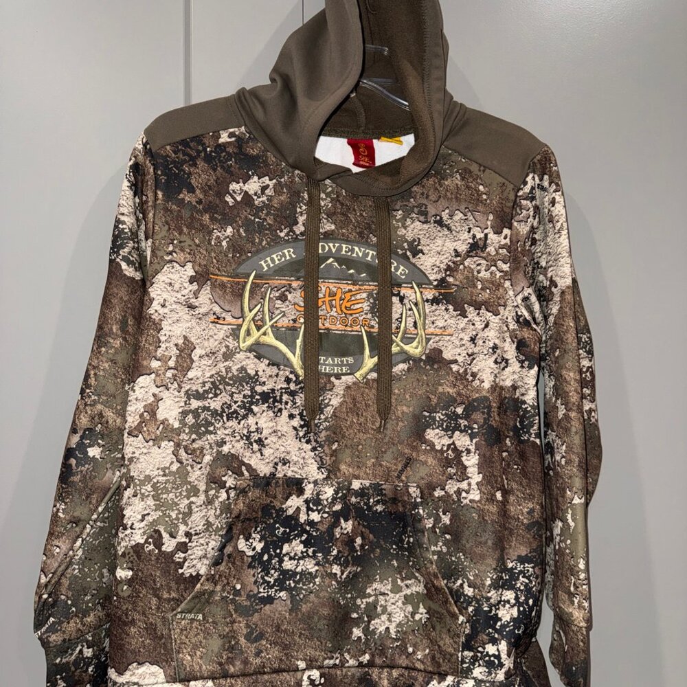 She Outdoor Hoodie Women's Size S Green Camo Polyester Pullover Sweatshirt